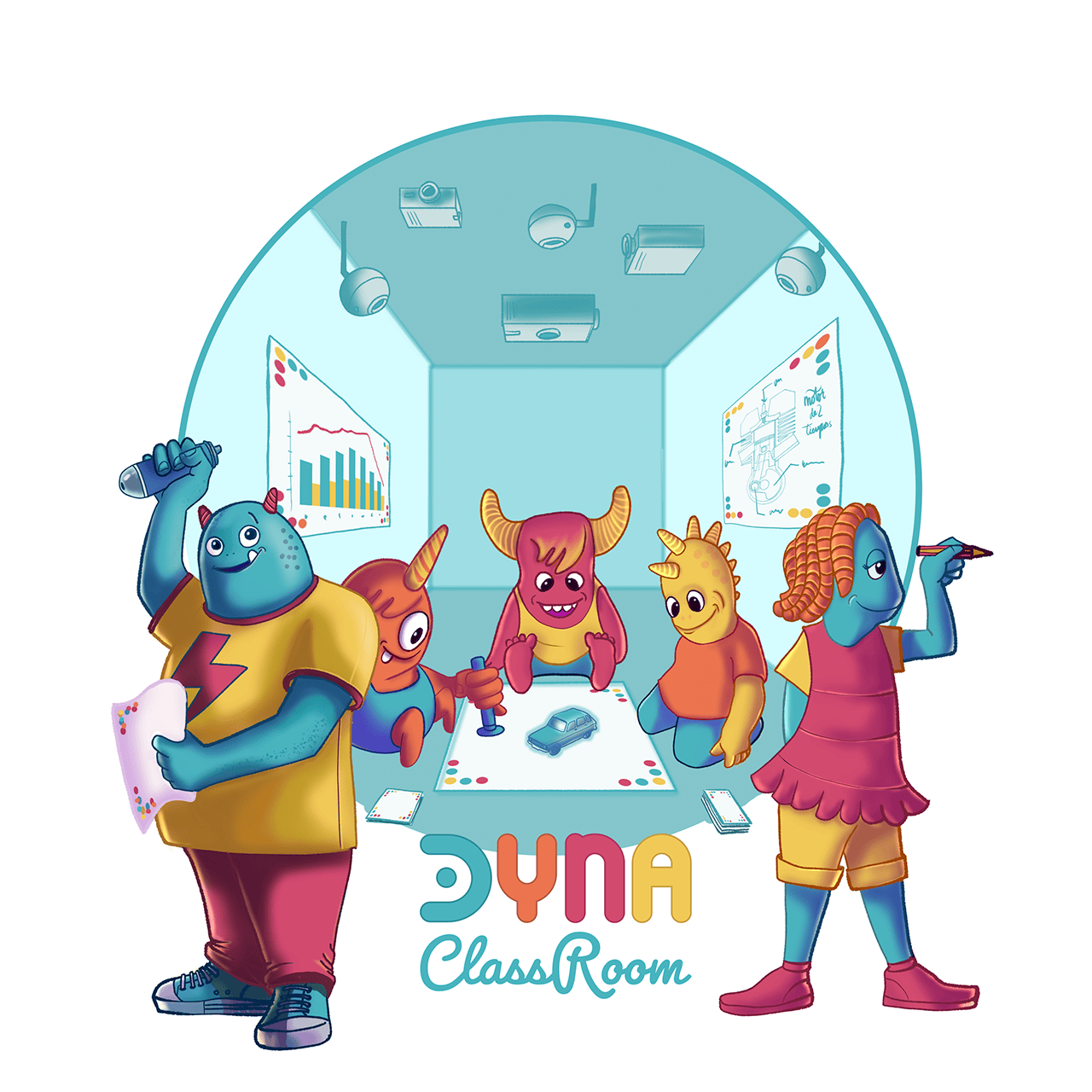 Dynaclassroom - Landing page con logotipo, vídeos e ilustraciones