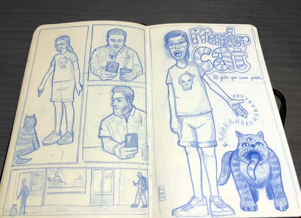 Página de cuaderno con dibujos a lápiz