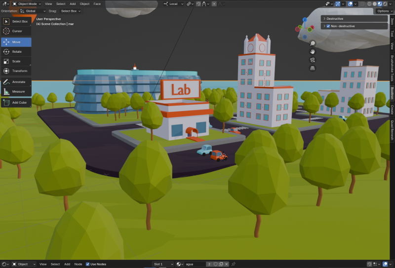 Captura de pantalla de Blender mostrando escena cercana 3D de Lureka City