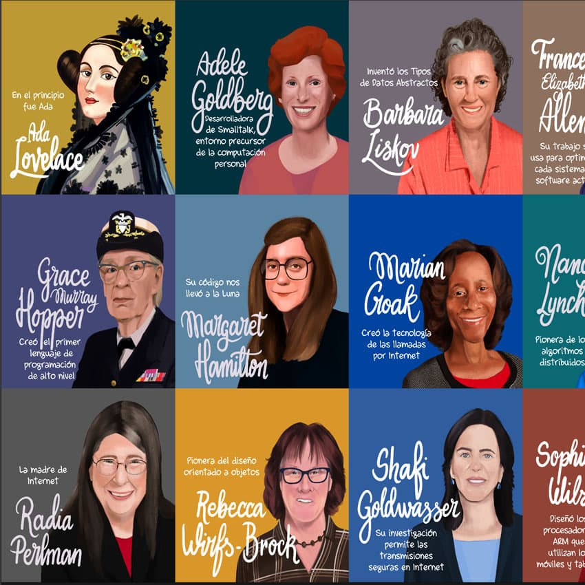 Ilustraciones digitales del proyecto A hombros de gigantas - Retratos de mujeres destacadas en tecnología